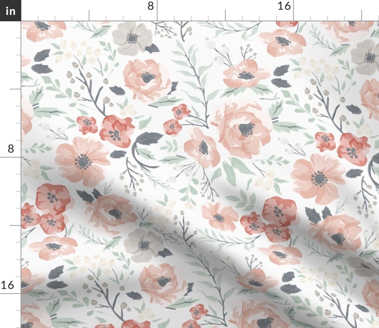 Soft Meadow Floral Hibiscus Coral Girl Sage Berries Flowers Blush Pink Green Wedding Modern Nursery Watercolor Girls Custom Printed Fabric by Spoonflower Various Fabrics by the Yard or Fat Quarter